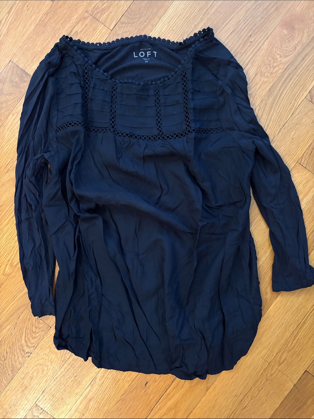 LOFT Navy Crochet Yoke Long Sleeve Top
